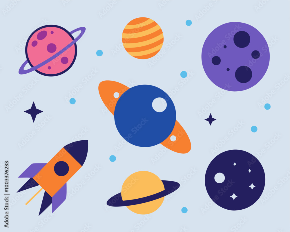 A whimsical illustration of a colorful space scene featuring planets, stars, and a rocket, perfect for adding a touch of fun to your designs. This cute graphic is ideal for kids' products, projects. A whimsical illustration of a colorful space scene featuring planets, stars, and a rocket, perfect for adding a touch of fun to your designs. This cute graphic is ideal for kids' products, projects.