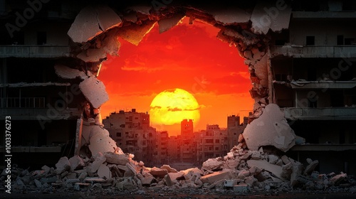 War Torn Cityscape with Dramatic Sunset Through Broken Building photo