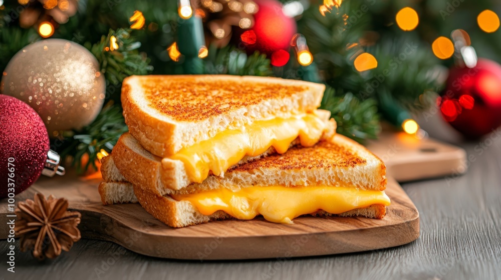 Delicious Grilled Cheese Sandwich with Christmas Background Delicious Grilled Cheese Sandwich with Christmas Background