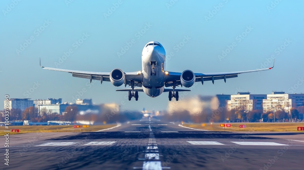 Obraz premium A stunning view of an airplane taking off against a clear blue sky, with its wheels lifting off the runway and the airport buildings in the background, capturing the thrill of flight.