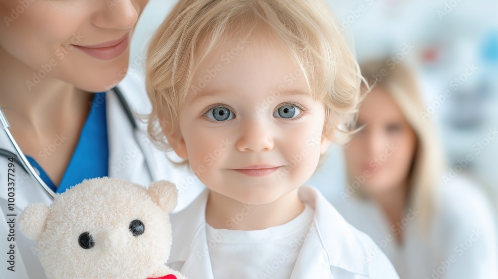 A caring doctor gently examines a child's ears while reassuring them and a parent looks on, creating a soothing environment A caring doctor gently examines a child's ears while reassuring them and a parent looks on, creating a soothing environment