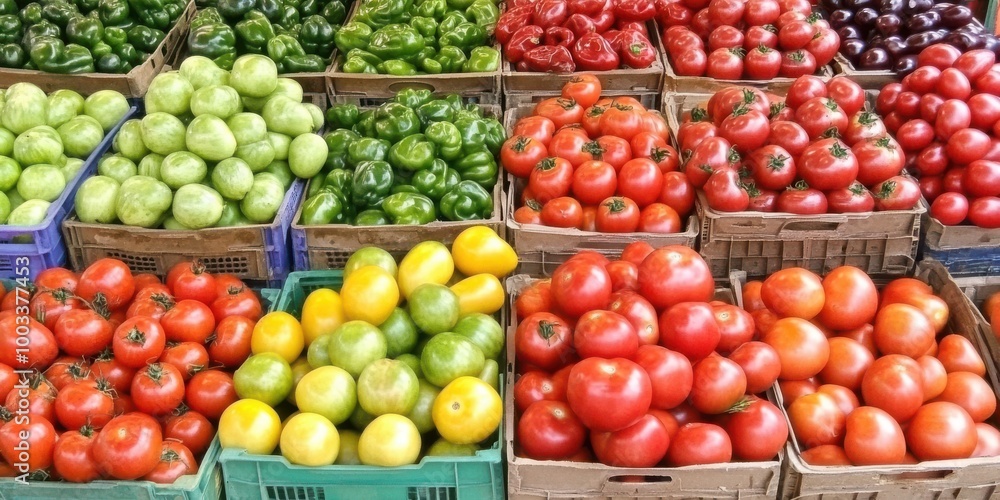 Fresh Organic Tomatoes Peppers and Green Fruit in Baskets at Farmers Market Fresh Organic Tomatoes Peppers and Green Fruit in Baskets at Farmers Market