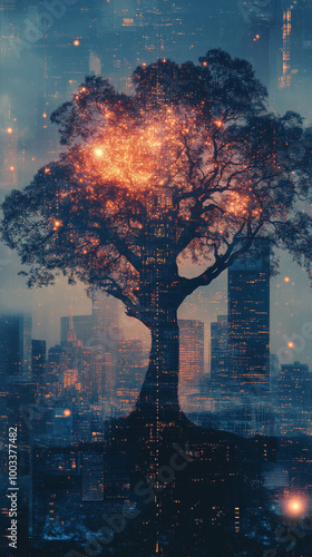 Silhouette of a tree with glowing lights, a surreal cityscape behind.