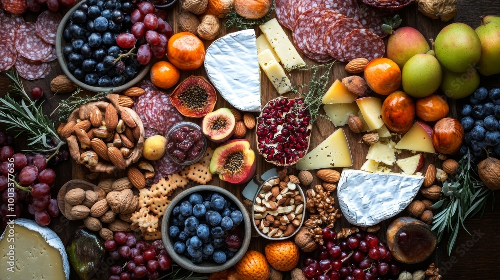 A top-down view of a beautifully arranged charcuterie board featuring roasted chestnuts, cheeses, fruits, and nuts, showcasing a delicious fall-inspired spread.