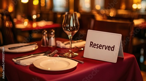 A reserved dining table set with glassware and utensils in an elegant restaurant.