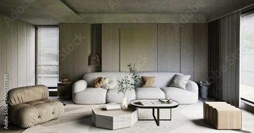 Canvastavla A cozy modern living room interior, featuring elegant furniture, soft lighting,