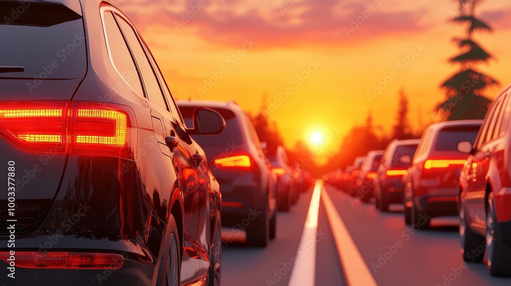 Traffic Jam at Sunset Cars Line Up on Highway Road Traffic Jam at Sunset Cars Line Up on Highway Road