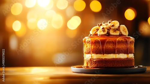 Banana cake topped with maple syrup and banana chips, warm-toned lighting to highlight the rich textures, creating a comforting feel, banana cake, breakfast dessert photo