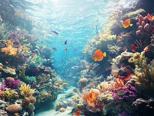 A coral reef ecosystem teeming with marine life, showing the symbiotic relationships between fish, coral, and algae.