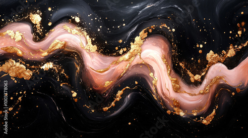 Abstract liquid art with pink, gold, and black.