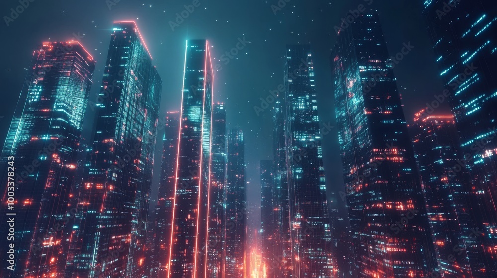 Nighttime view of a technologically advanced city with sleek, illuminated skyscrapers. Premium background for the latest technology needs. Nighttime view of a technologically advanced city with sleek, illuminated skyscrapers. Premium background for the latest technology needs.