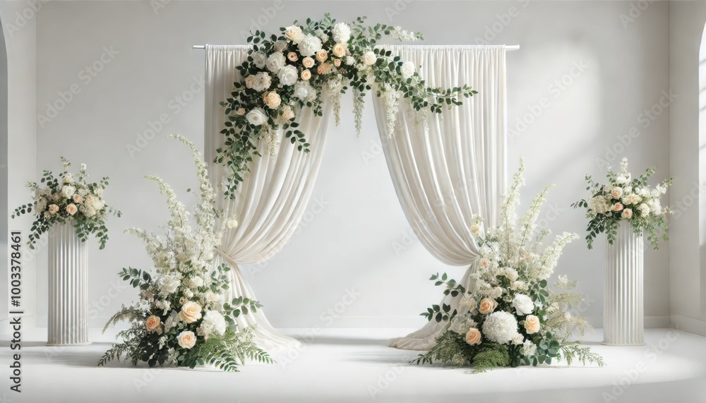 Elegant wedding arch with white roses and greenery, draped with light fabric on a neutral background. Elegant wedding arch with white roses and greenery, draped with light fabric on a neutral background.