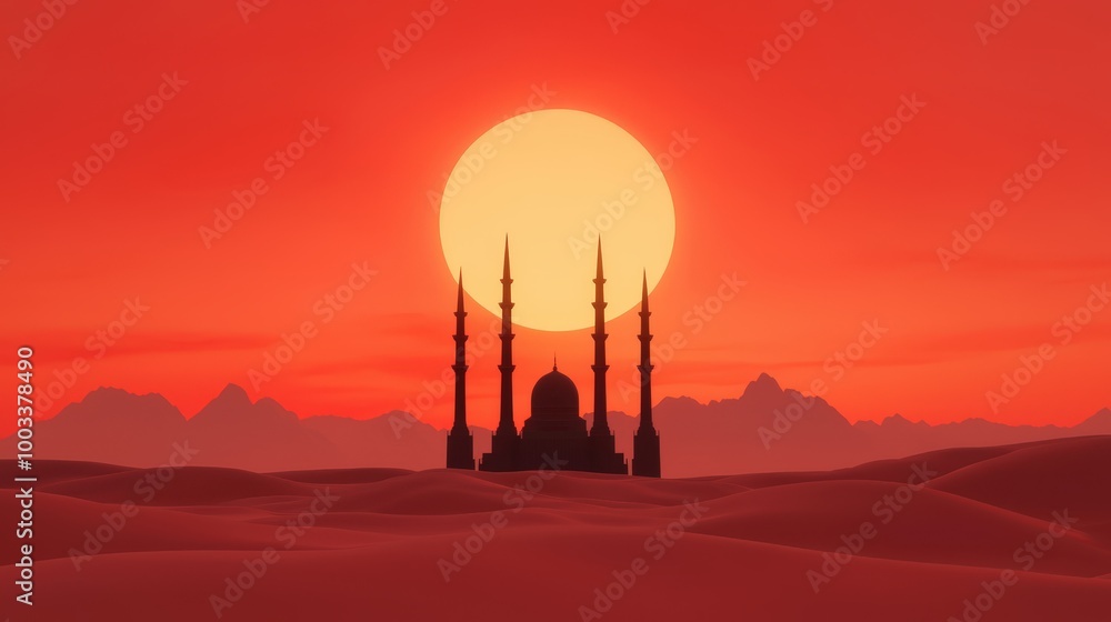 Majestic Mosque Silhouette at Sunset in Desert Landscape Majestic Mosque Silhouette at Sunset in Desert Landscape