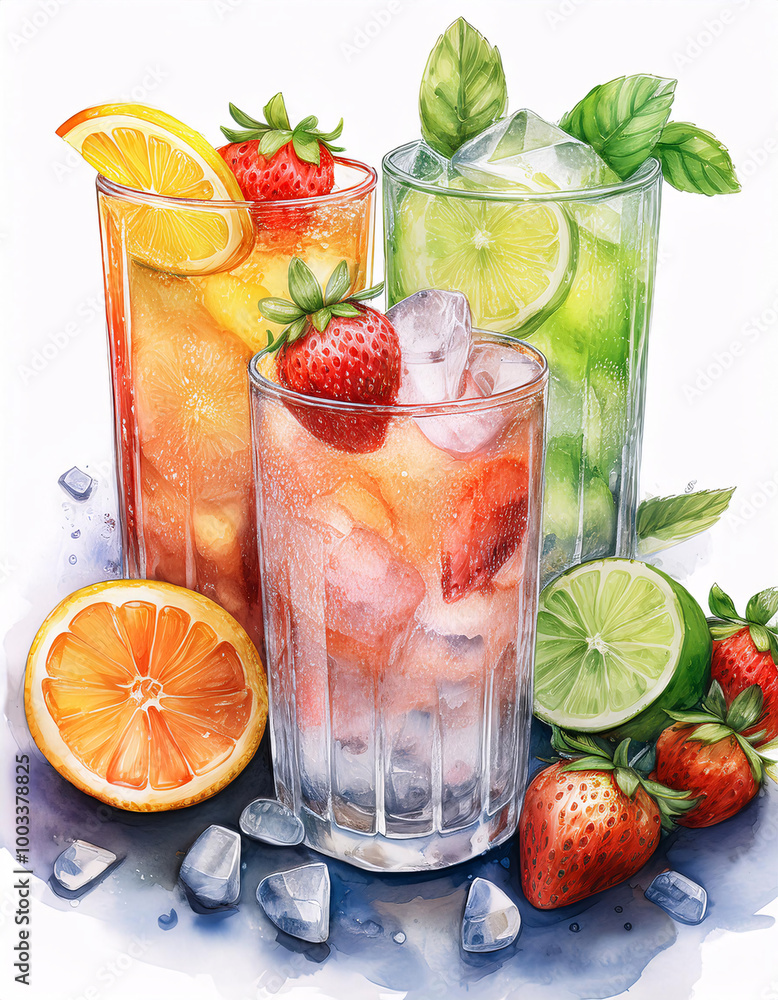 Three refreshing summer drinks, each with vibrant colors and fresh ingredients Three refreshing summer drinks, each with vibrant colors and fresh ingredients