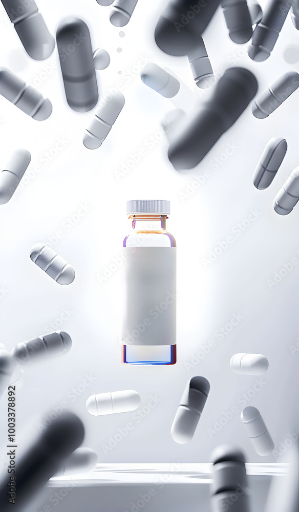 A single vial with a white label is illuminated and centered in the frame surrounded by numerous floating capsules or pills against a light background. A single vial with a white label is illuminated and centered in the frame surrounded by numerous floating capsules or pills against a light background.