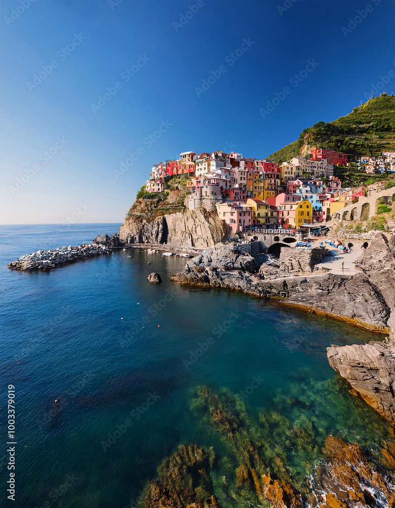 Naklejka premium Colorful cliffside village overlooking serene sea with boats