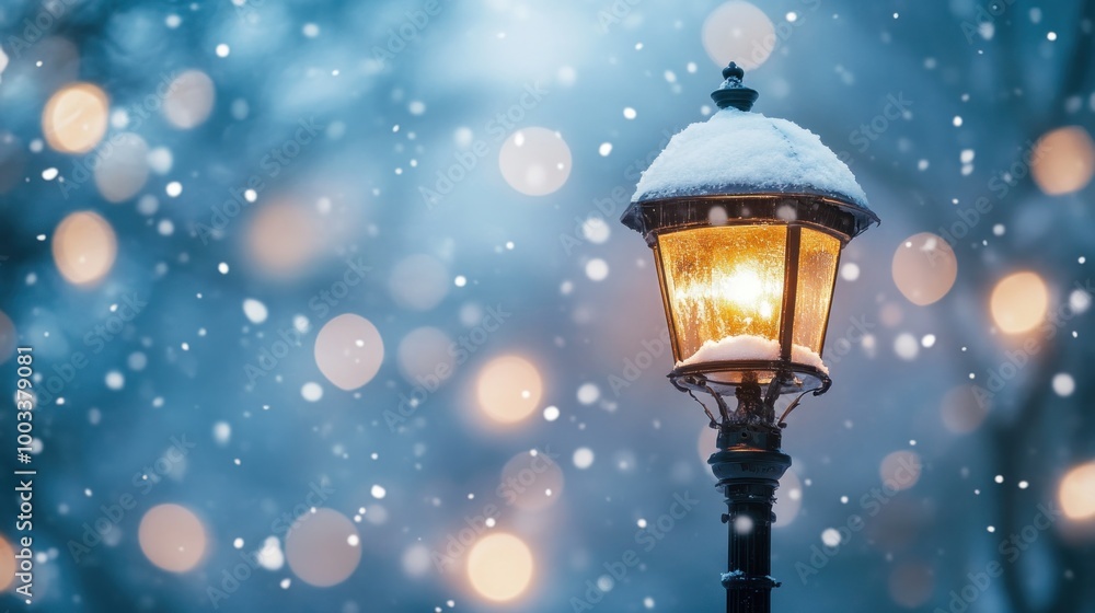 A snow-covered lamp post illuminating a winter scene with falling snowflakes. A snow-covered lamp post illuminating a winter scene with falling snowflakes.