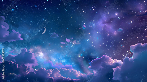 Night sky with clouds, crescent moon, and many stars. Ideal for backgrounds, astronomyrelated designs, or mysticalthemed projects that require a celestial element. photo