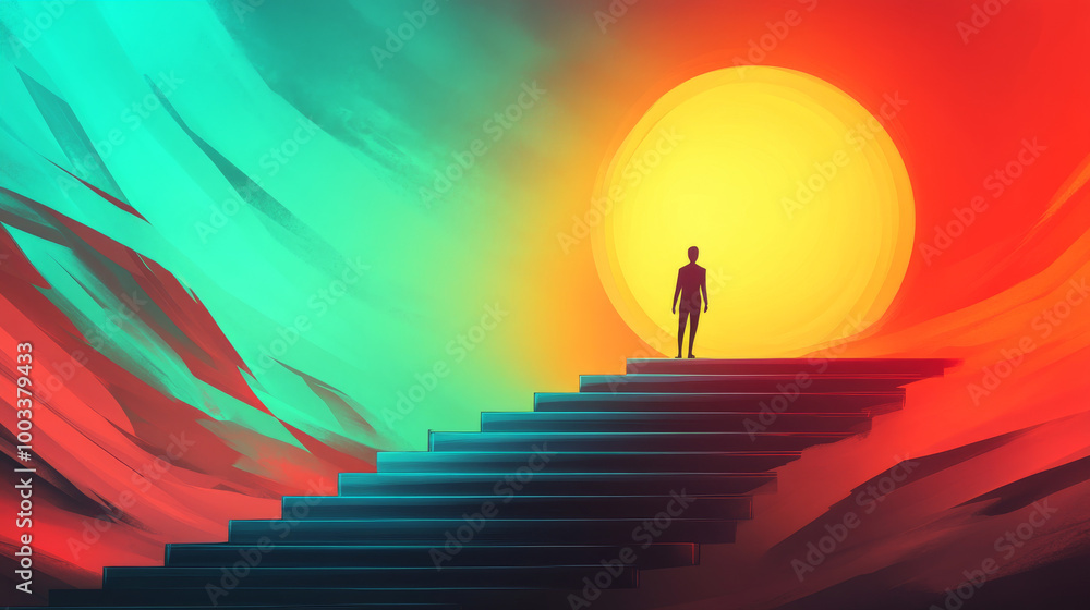 A lone figure stands at the top of a staircase, facing a large sun in a surreal landscape. A lone figure stands at the top of a staircase, facing a large sun in a surreal landscape.