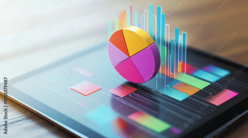 Fototapeta premium A vibrant 3D pie chart popping out of a tablet screen, showcasing interactive data analysis with colorful segments and percentages.