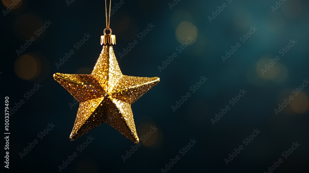 Glittering Gold Star Christmas Ornament Hanging Against a Blue Background Glittering Gold Star Christmas Ornament Hanging Against a Blue Background