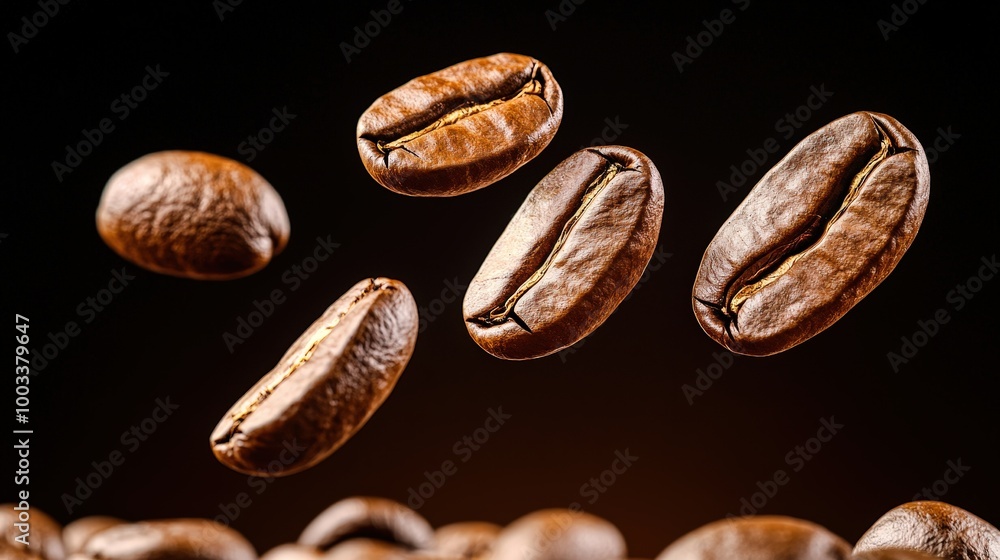 Fototapeta premium Roasted Coffee Beans Falling Espresso Caffeine Aroma Fresh Dark Background