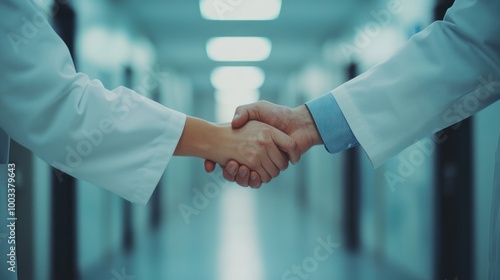 Two professionals shaking hands in a hospital corridor, symbolizing collaboration and agreement.