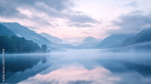 Serene lake at dawn surrounded by misty mountains and soft pastel skies.