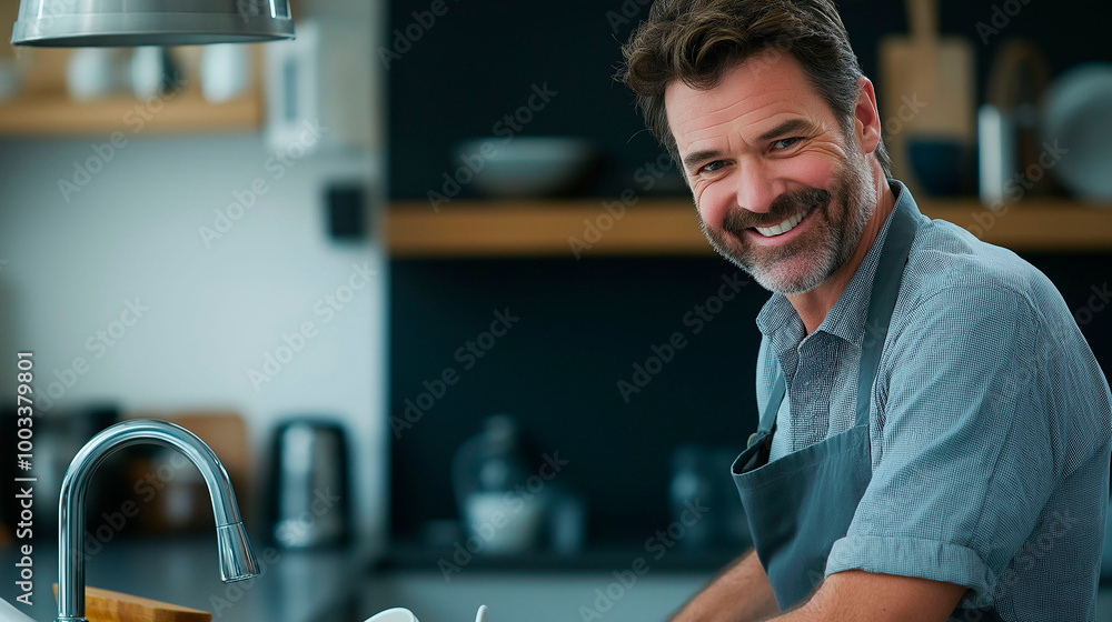 Mature man washing dishes at home Mature man washing dishes at home