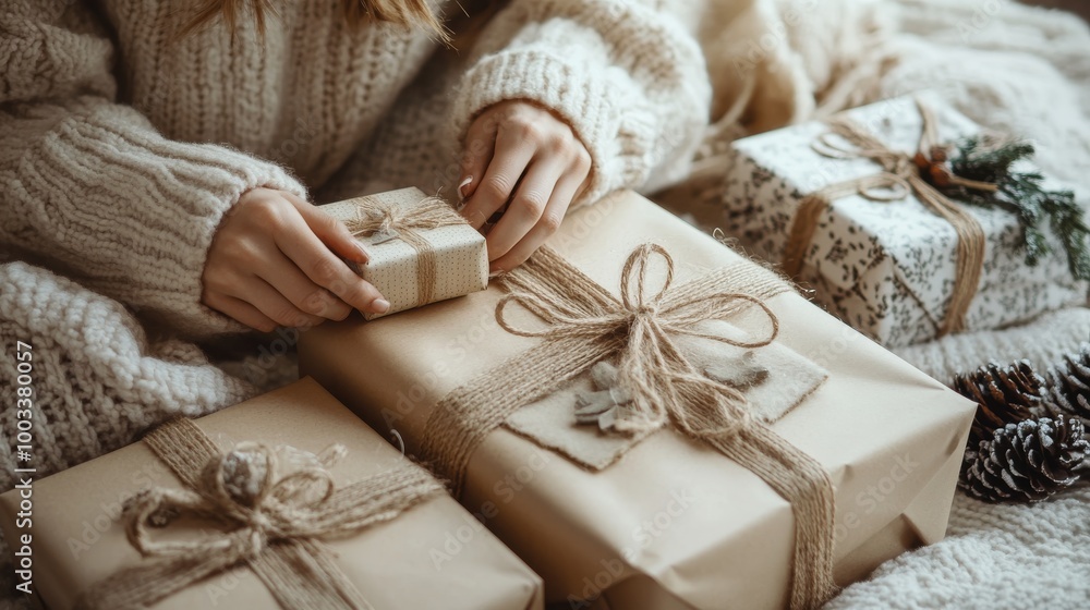 Woman in knitted sweater wrapping christmas presents with eco paper girl packing christmas gifts Xmas holiday concept. Woman in knitted sweater wrapping christmas presents with eco paper girl packing christmas gifts Xmas holiday concept.