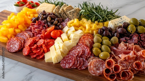 A vibrant antipasto platter featuring a variety of Italian cheeses, cured meats, olives, and fresh vegetables, arranged beautifully on a wooden board.