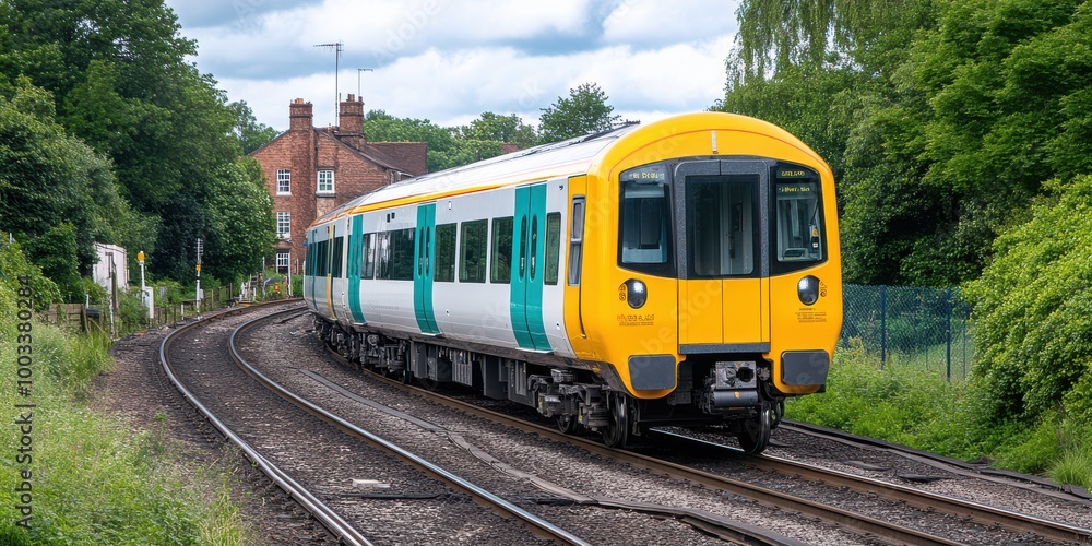 Naklejka premium Modern Train on Railway Tracks in Rural Setting