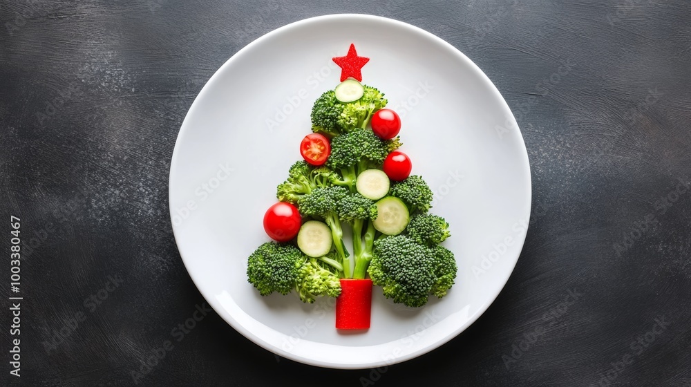 Festive miniature Christmas tree crafted from broccoli and vegetables on a white plate for holiday decoration and celebration Festive miniature Christmas tree crafted from broccoli and vegetables on a white plate for holiday decoration and celebration