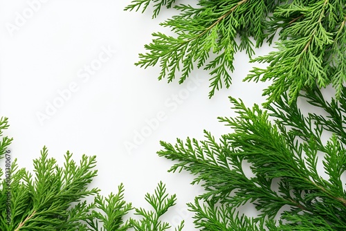 Green pine tree branch border on white background.