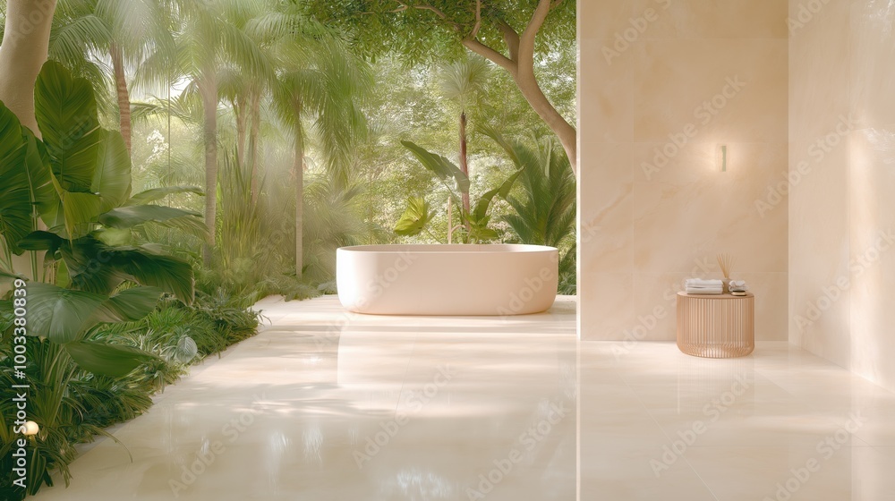Expertly integrated modern linear shower drain in a lush, tiled bathroom oasis with a touch of nature's elegance Expertly integrated modern linear shower drain in a lush, tiled bathroom oasis with a touch of nature's elegance