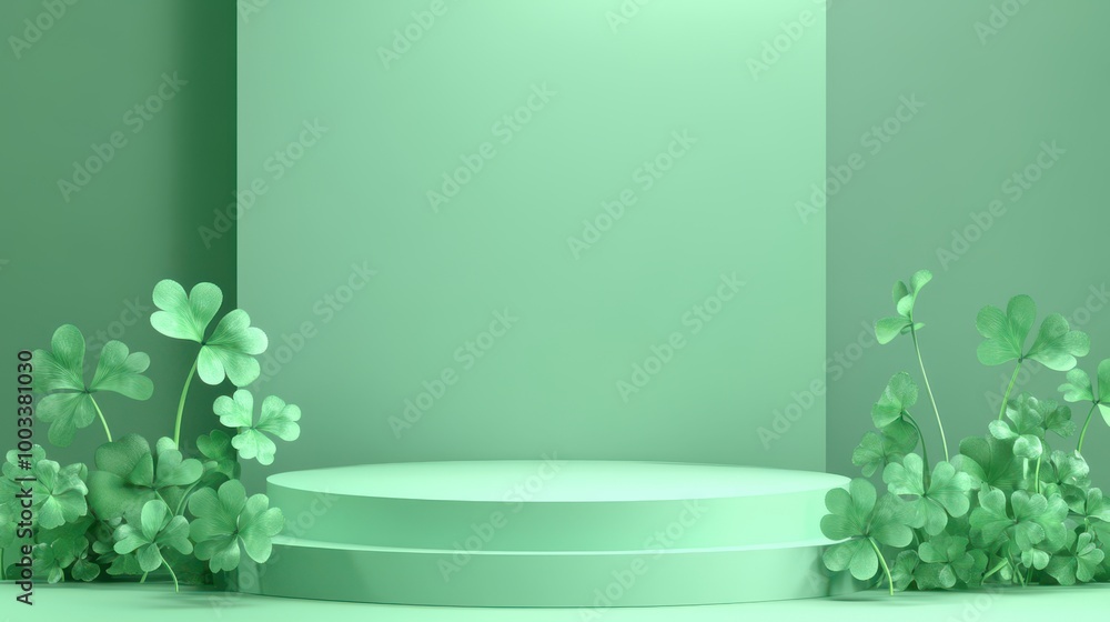 Photography Green Circular Platform with Four-Leaf Clover Plants