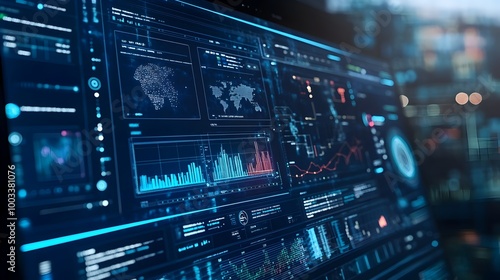 Futuristic digital dashboard displaying predictive analytics,machine learning algorithms,and data visualization patterns for finance,business,and technology applications.