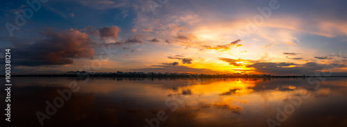 Panorama Reflection of vivid sunset sky reflection in water.Colorful sunrise with Clouds over Mekong River , Nakhon Phanom  province,Thailand,ASIA.