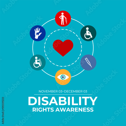 Disability rights awareness month observed each year from November. Hexagonal with circle shape. Banner poster, flyer and background design template. Vector illustration.