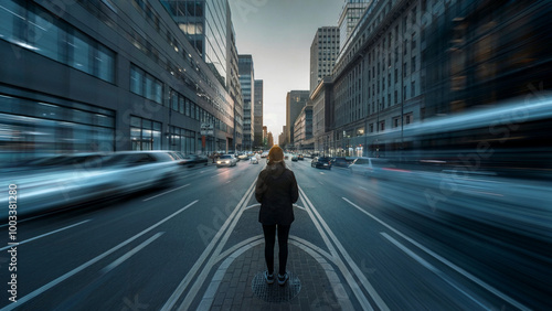 A bustling urban street during what appears to be the early hours of the morning or late evening.  photo