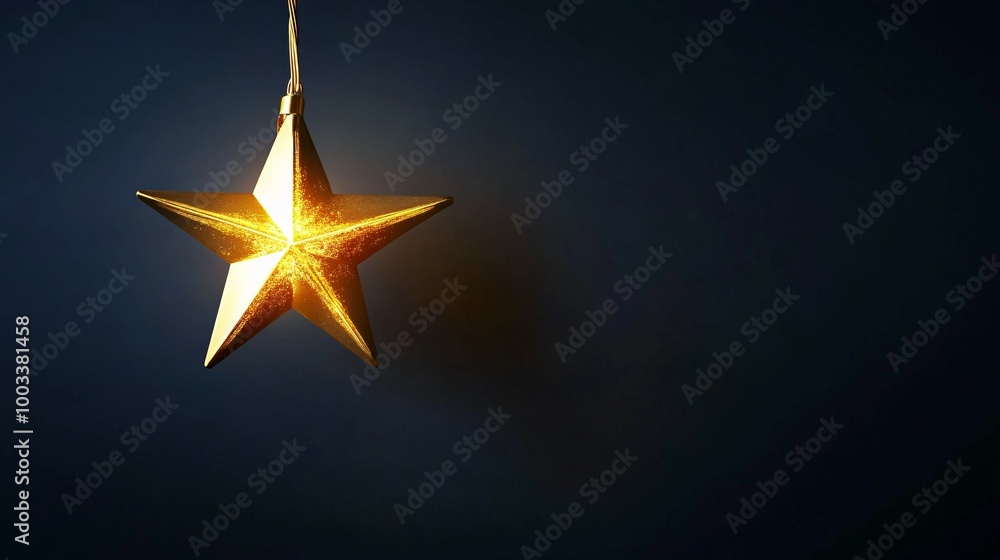 Fototapeta premium Glowing Golden Star Hanging Against a Dark Blue Background