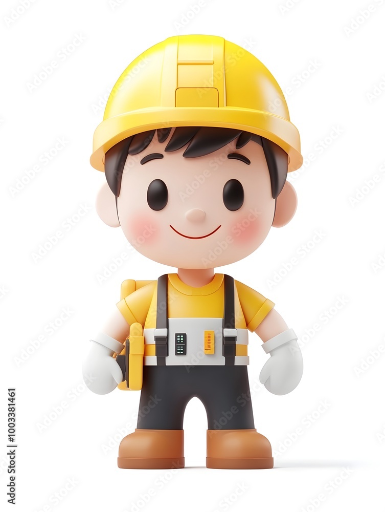 Cheerful 3D network engineer character in yellow uniform and safety helmet,smiling with a confident and friendly expression,on a bright white background. This could represent an IT professional. Cheerful 3D network engineer character in yellow uniform and safety helmet,smiling with a confident and friendly expression,on a bright white background. This could represent an IT professional.