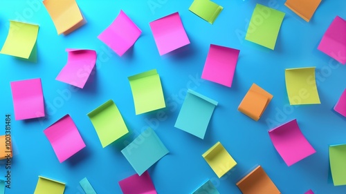 A colorful assortment of sticky notes in various shades of blue, green, pink, and orange