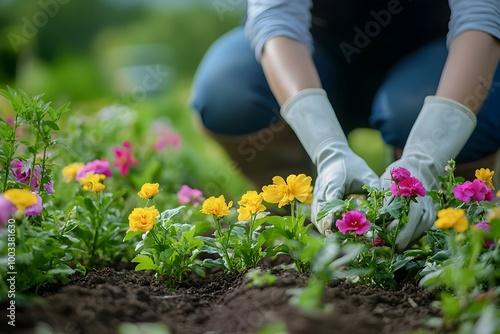 A gardener carefully and meticulously tending to a lush,colorful flower bed,nurturing each plant with great care and attention. The bright.