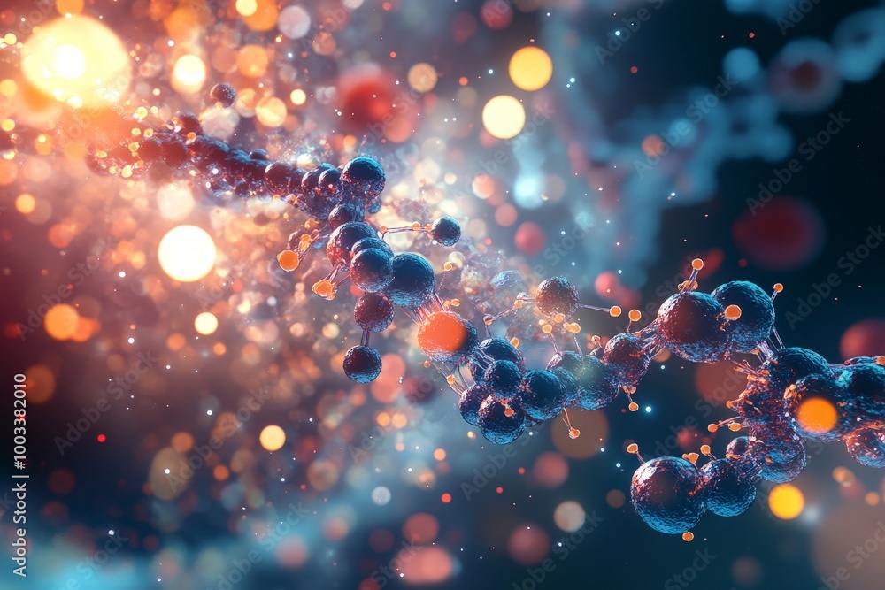 A molecular model of quantum biology, with particles like electrons and photons interacting with DNA and proteins. A molecular model of quantum biology, with particles like electrons and photons interacting with DNA and proteins.