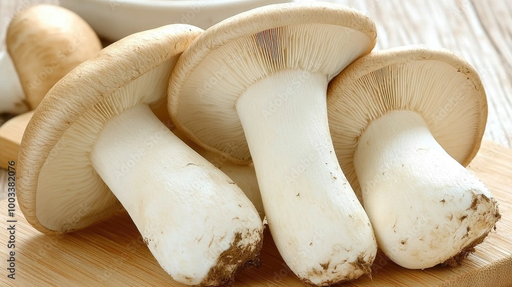 Fresh King Oyster Mushrooms Close-Up View Fresh King Oyster Mushrooms Close-Up View
