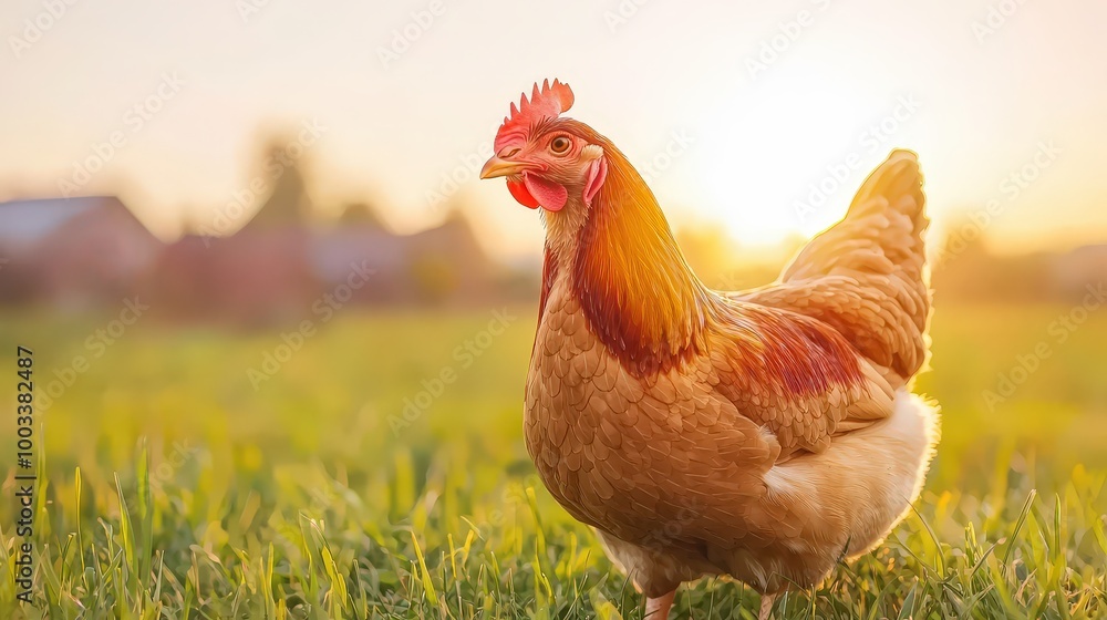 Fototapeta premium Golden Hour Chicken in Meadow Free Range Farming Rural Life Sunset Photo
