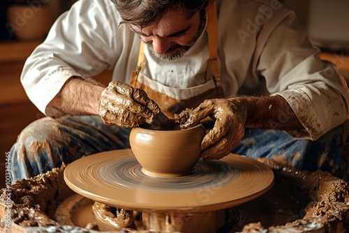 A skilled artisan potter carefully shapes and molds clay on a spinning pottery wheel,crafting a unique and one-of-a-kind piece of handmade ceramic art in a bright,clean. photo