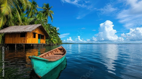 Tropical Paradise  Wooden Boat  Hut  Palm Trees  Blue Sky  Ocean  Vacation