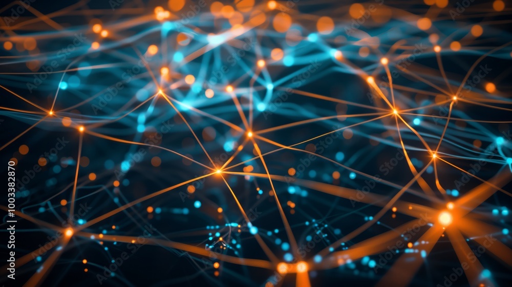 An abstract digital network visualization with glowing orange nodes and connecting lines An abstract digital network visualization with glowing orange nodes and connecting lines